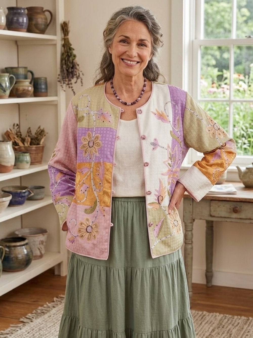 Draper’s & Damon’s Embroidered Patchwork Jacket Size 1X Artsy Floral Pastel Boho